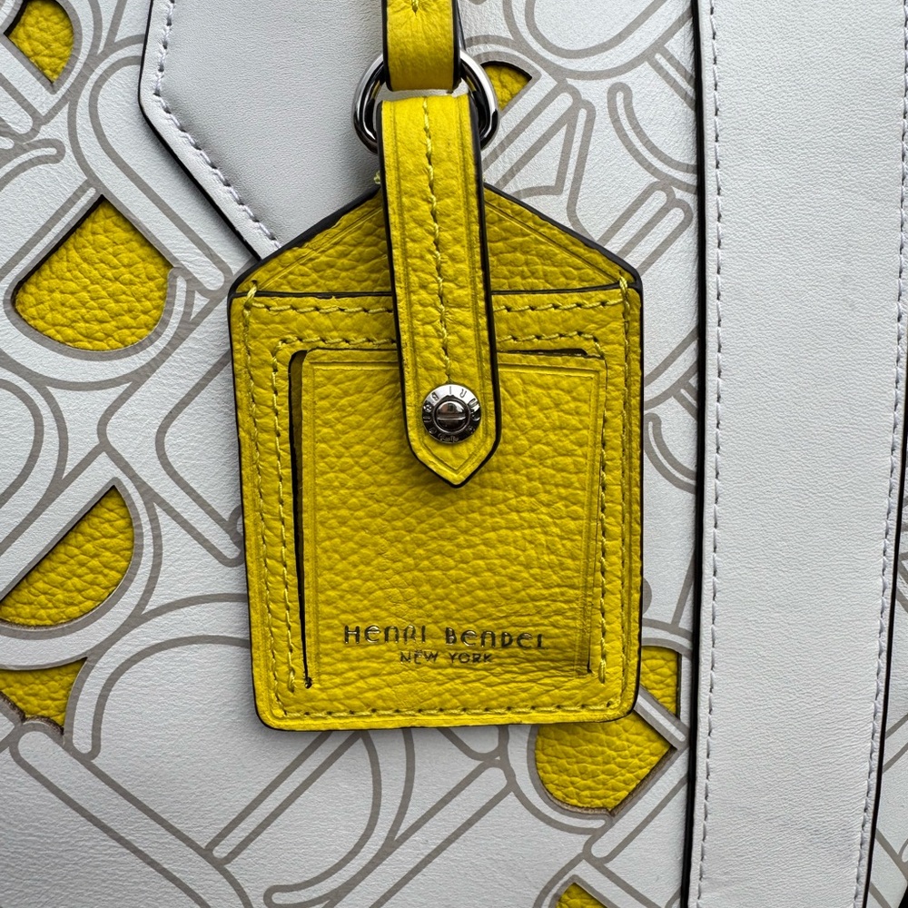 Henri Bendel RARE Tote White Yellow Signature Cutout Leather Bag with Dust Bag - Picture 7 of 16